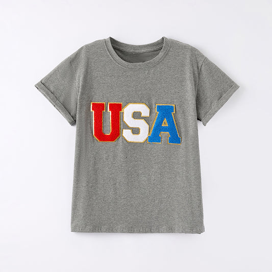 Mommy And Me July 4th Patch Applique USA Grey Cotton T-Shirt