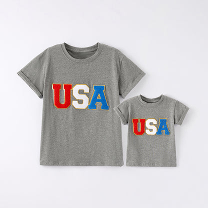 Mommy And Me July 4th Patch Applique USA Grey Cotton T-Shirt