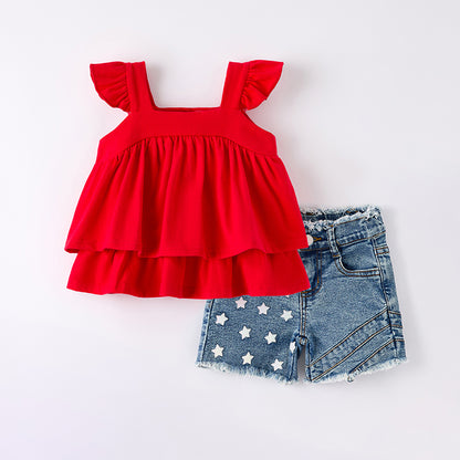 Girls Summer July 4th Red Ruffled Top Denim Short Set