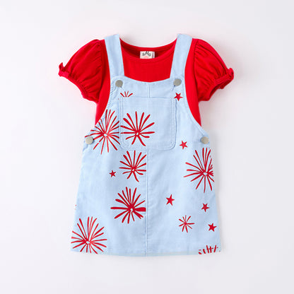 Girls Summer Red Cotton Top July 4th Denim Skirt Set