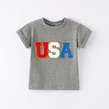 Mommy And Me July 4th Patch Applique USA Grey Cotton T-Shirt