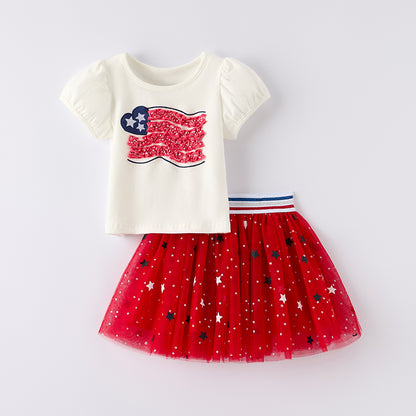 Girls July 4th Flag Embroidered Red Tulle Skirt Set