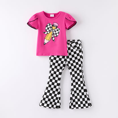 Girls Back To School Pencil Bow Print Black Plaid Jean Set