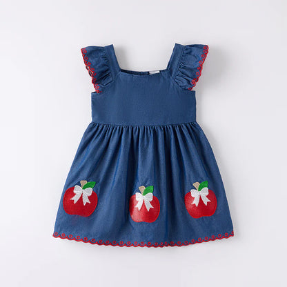 Girls Back To School Blue Apple Embroidered Dress