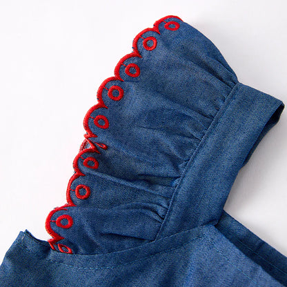 Girls Back To School Blue Apple Embroidered Dress