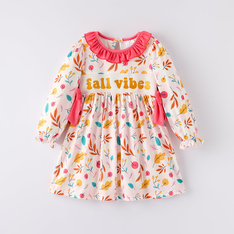 Girls Autumn FALL VIBES Smocked Embroidery Long Sleeves Dress