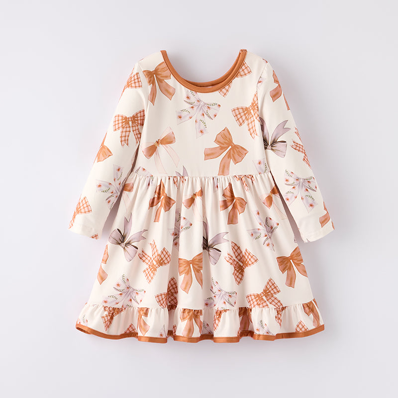Girls Fall Autumn Brown Bow Ruffled Long Sleeves Dress