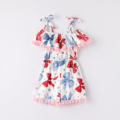Girls Summer July 4th Red Blue Bow Jumpsuit