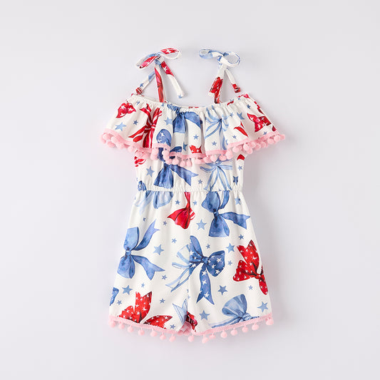 Girls Summer July 4th Red Blue Bow Jumpsuit