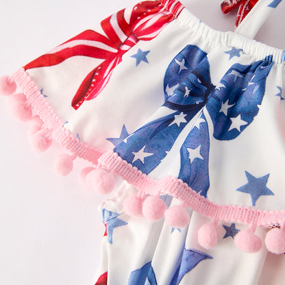Girls Summer July 4th Red Blue Bow Jumpsuit