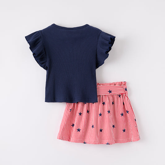 Girls July 4th Navy Ruffled Top Star Stripes Short Set
