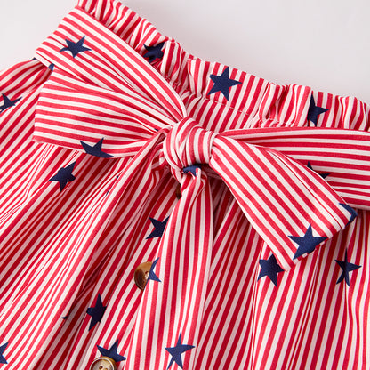 Girls July 4th Navy Ruffled Top Star Stripes Short Set