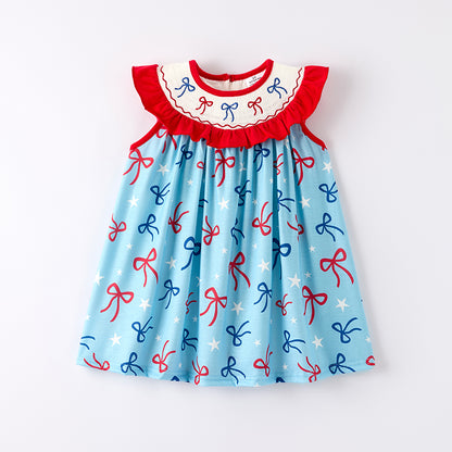 Girls July 4th Bow Smocked Embroidered Red Blue Dress