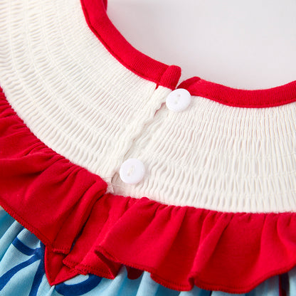 Girls July 4th Bow Smocked Embroidered Red Blue Dress