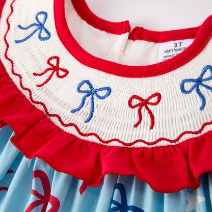 Girls July 4th Bow Smocked Embroidered Red Blue Dress