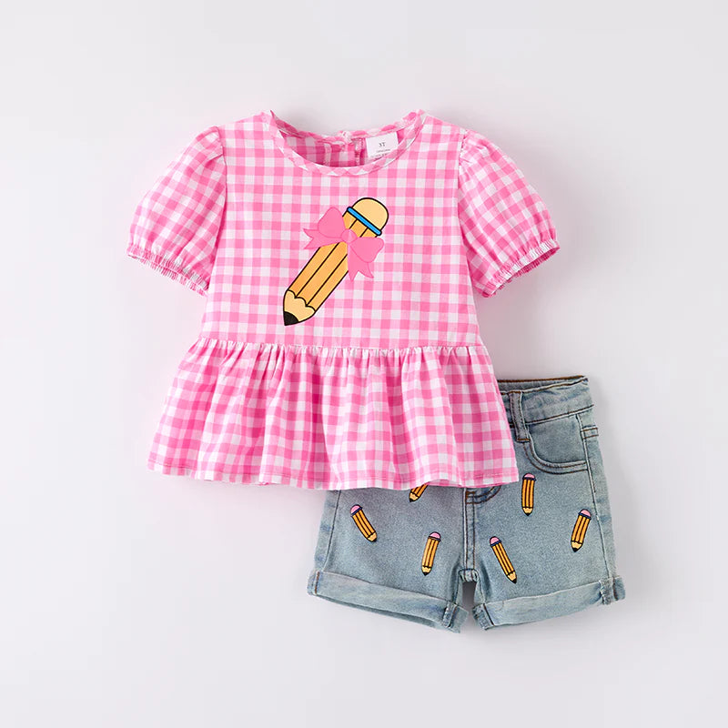 Girls Back To School Pink Plaid Pencil Denim Short Set