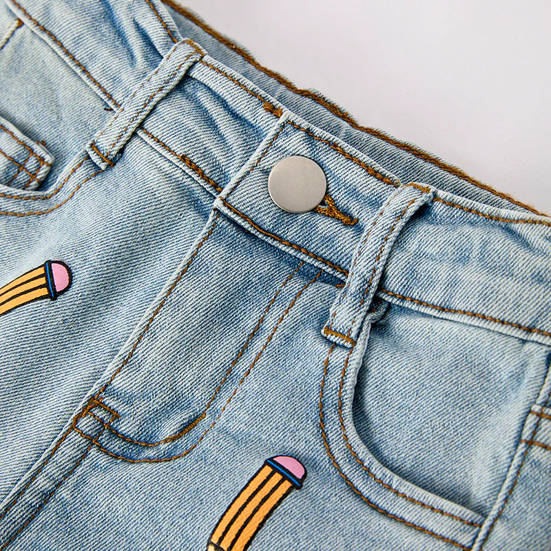 Girls Back To School Pink Plaid Pencil Denim Short Set