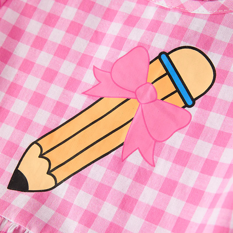Girls Back To School Pink Plaid Pencil Denim Short Set