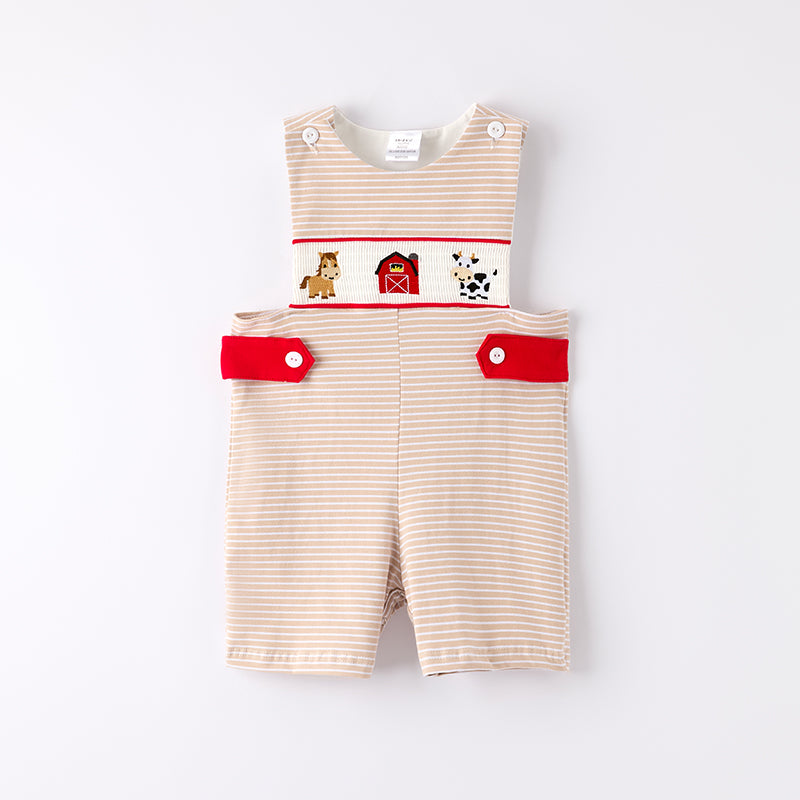 Baby Boys Farm Smocked Embroidered Stripes Romper