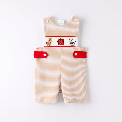 Baby Boys Farm Smocked Embroidered Stripes Romper