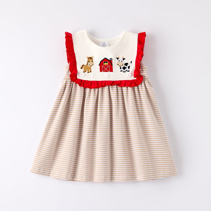 Girls Summer Farm Embroidered Ruffled Dress