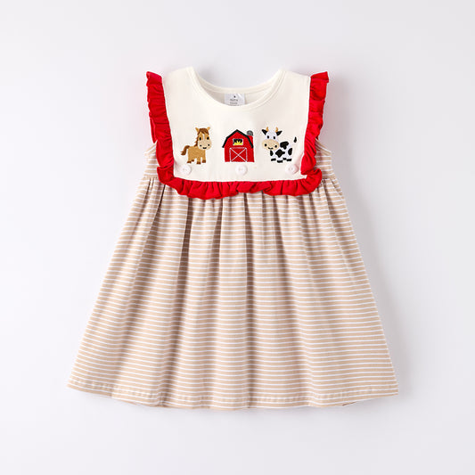 Girls Summer Farm Embroidered Ruffled Dress