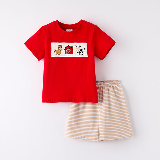Boys Red Farm Embroidered Smocked Stripes Short Set