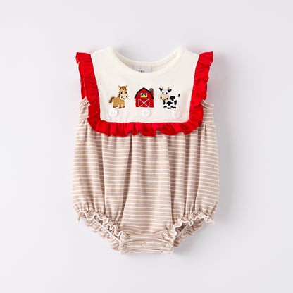Baby Girls Farm Embroidered Red Ruffled Stripes Romper
