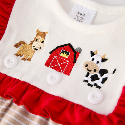 Baby Girls Farm Embroidered Red Ruffled Stripes Romper