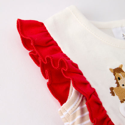 Baby Girls Farm Embroidered Red Ruffled Stripes Romper