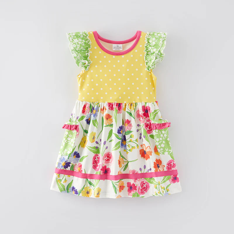 Girls Summer Yellow Dot Floral Print Soft Dress