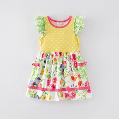 Girls Summer Yellow Dot Floral Print Soft Dress