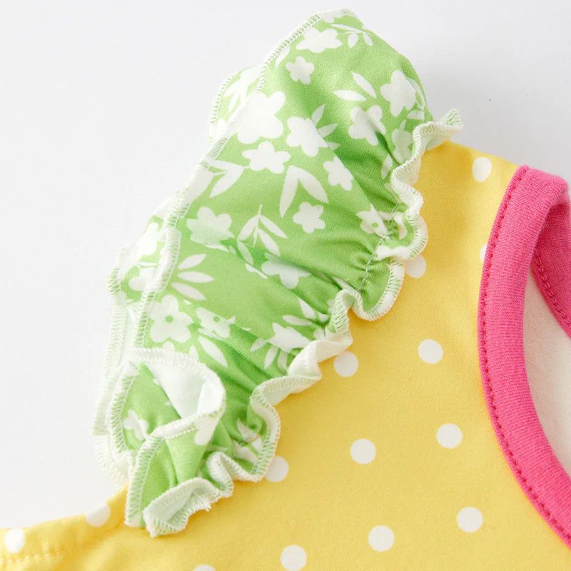 Girls Summer Yellow Dot Floral Print Soft Dress