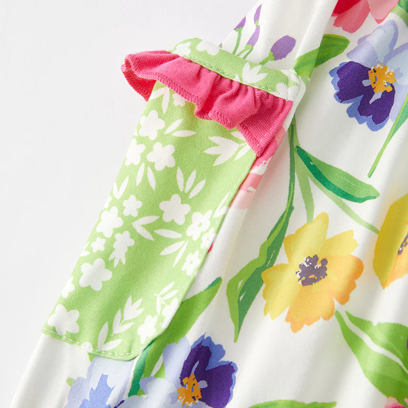Girls Summer Yellow Dot Floral Print Soft Dress