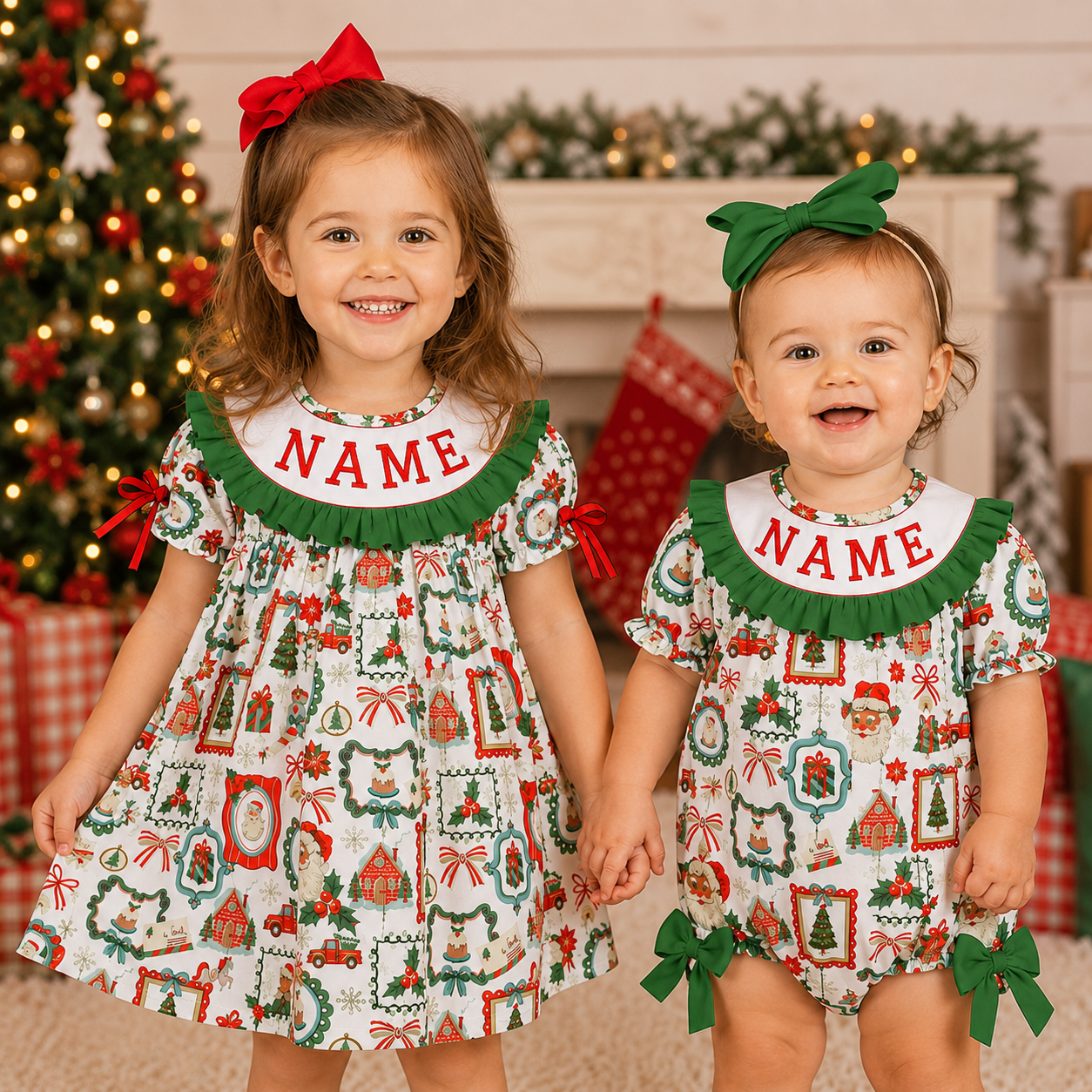 Personalized Christmas Smocked Dress & Baby Bubble Romper – Custom Name Embroidered Holiday Outfit for Girls