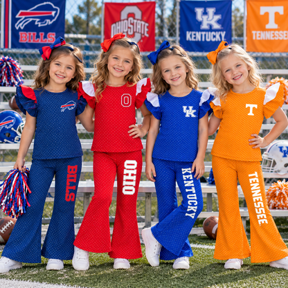 Girls Game Day Football Ruffle Sleeve Top & Flare Pants Set – Bills Ohio Kentucky Tennessee Polka Dot Outfit