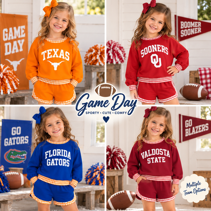 Girls Game Day Collegiate Sweatshirt & Shorts Set – Gingham Trim Football Outfit