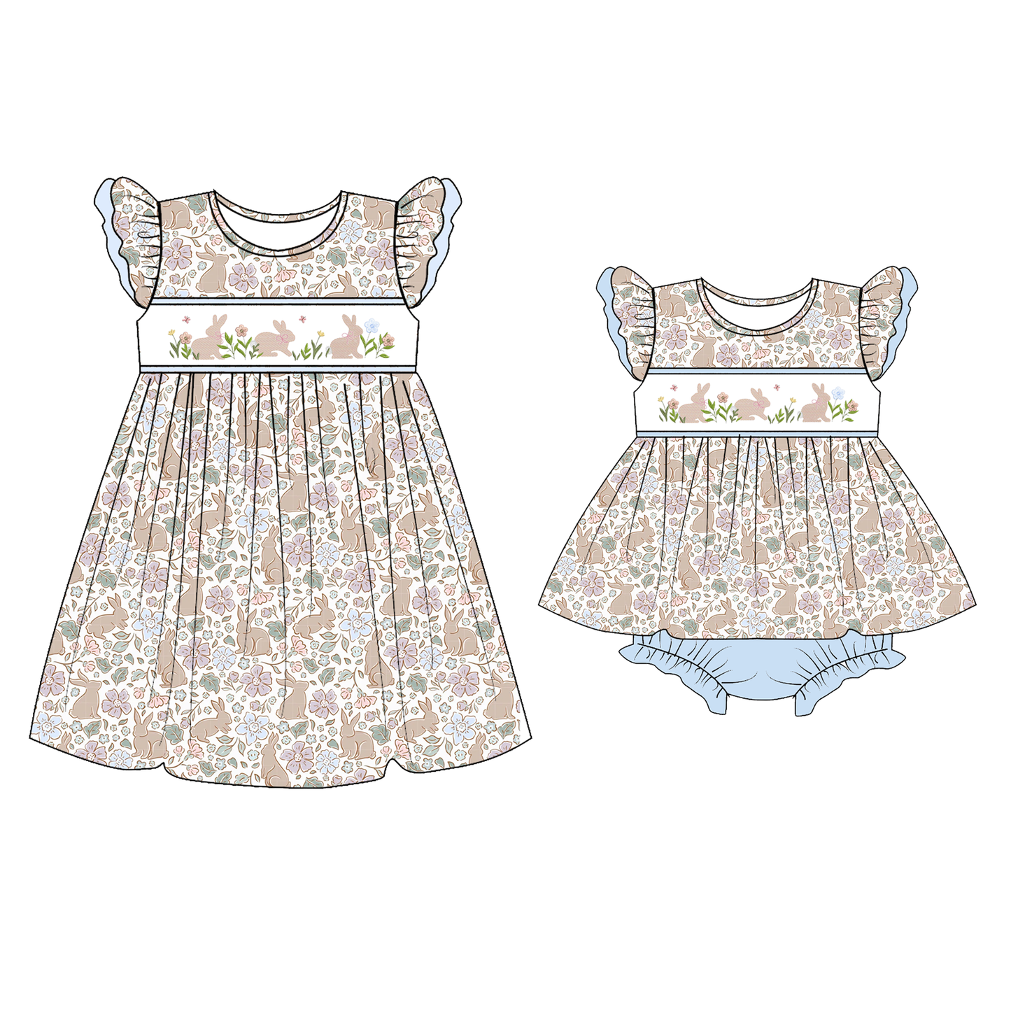 Easter Floral Bunny Embroidery Smocked Dress & Romper Set
