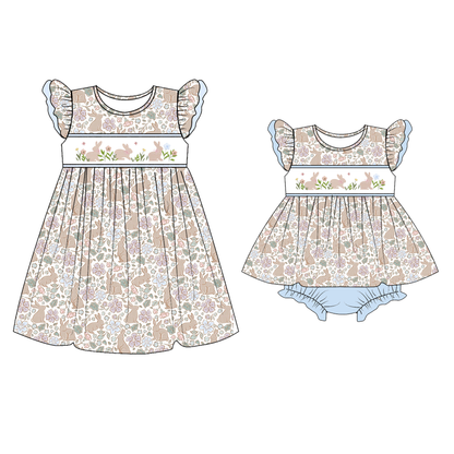Easter Floral Bunny Embroidery Smocked Dress & Romper Set
