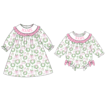 Baby Girls Christmas Custom Name Floral Embroidery Smock Outfits