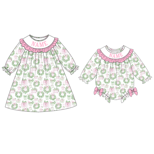 Baby Girls Christmas Custom Name Floral Embroidery Smock Outfits