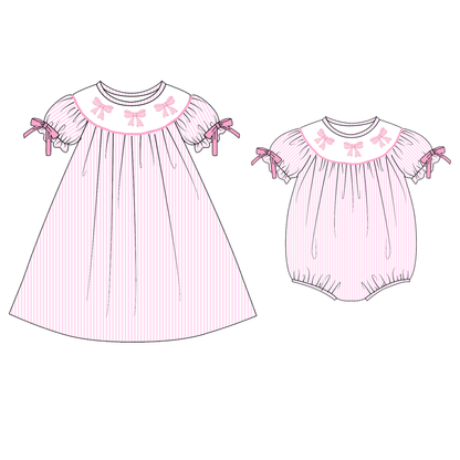 2026 Spring Summer Pink Bow Smock Embroidery Dress & Romper