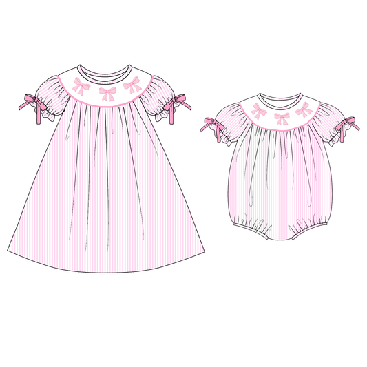 2026 Spring Summer Pink Bow Smock Embroidery Dress & Romper