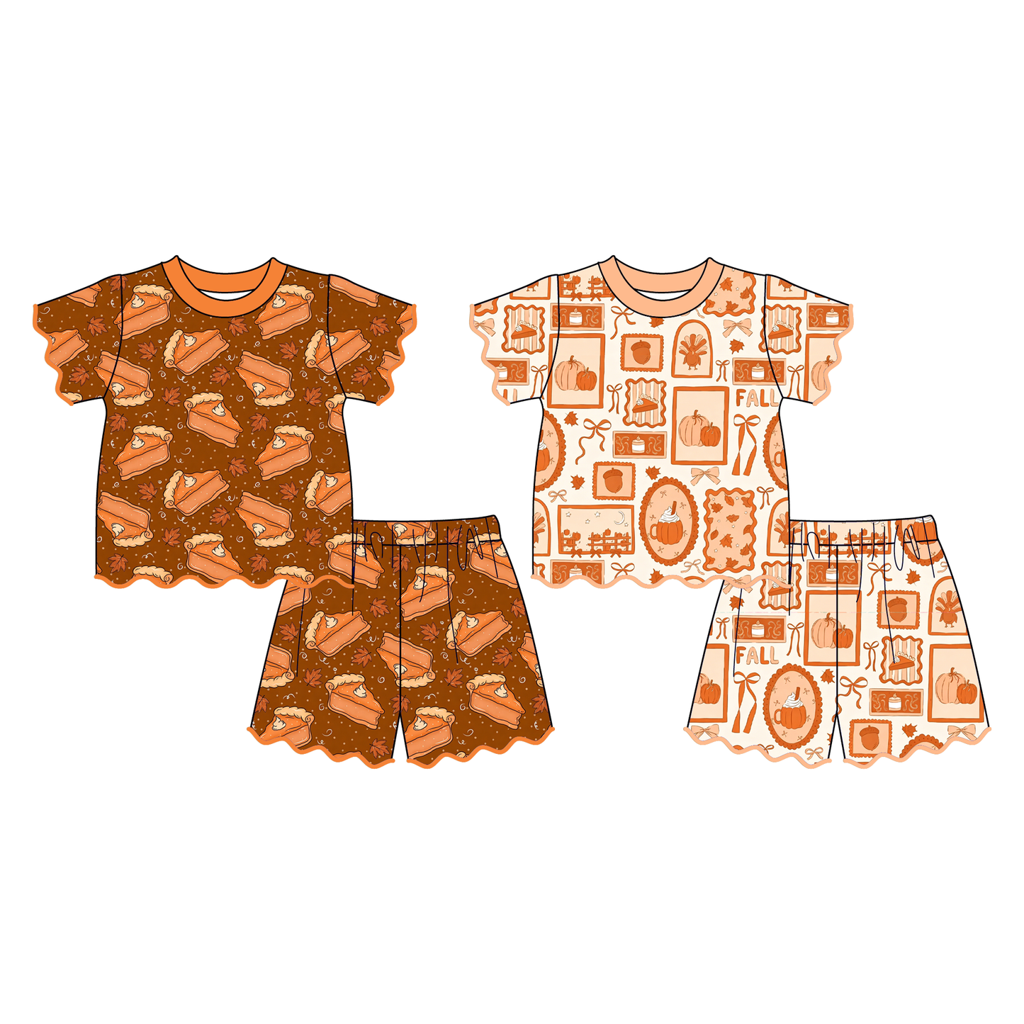 Girls Thanksgiving Boutique Outfit | Pumpkin Pie & Fall Print Flutter Sleeve Top and Shorts Set | Autumn Toddler Clothing
