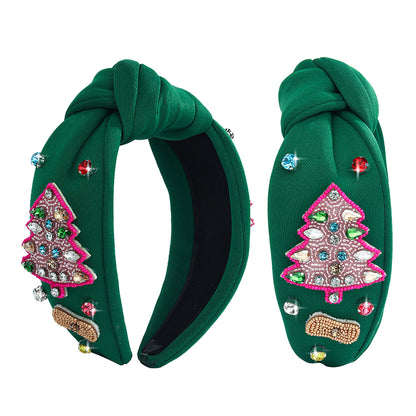 2025 Christmas Handmade Beaded Headband Seed Bead Hairband with Rhinestones Knot Headband Holiday Hair Accessory