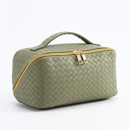 Woven PU Leather Makeup Bag with Handle & Zipper Travel Toiletry & Cosmetic Organizer