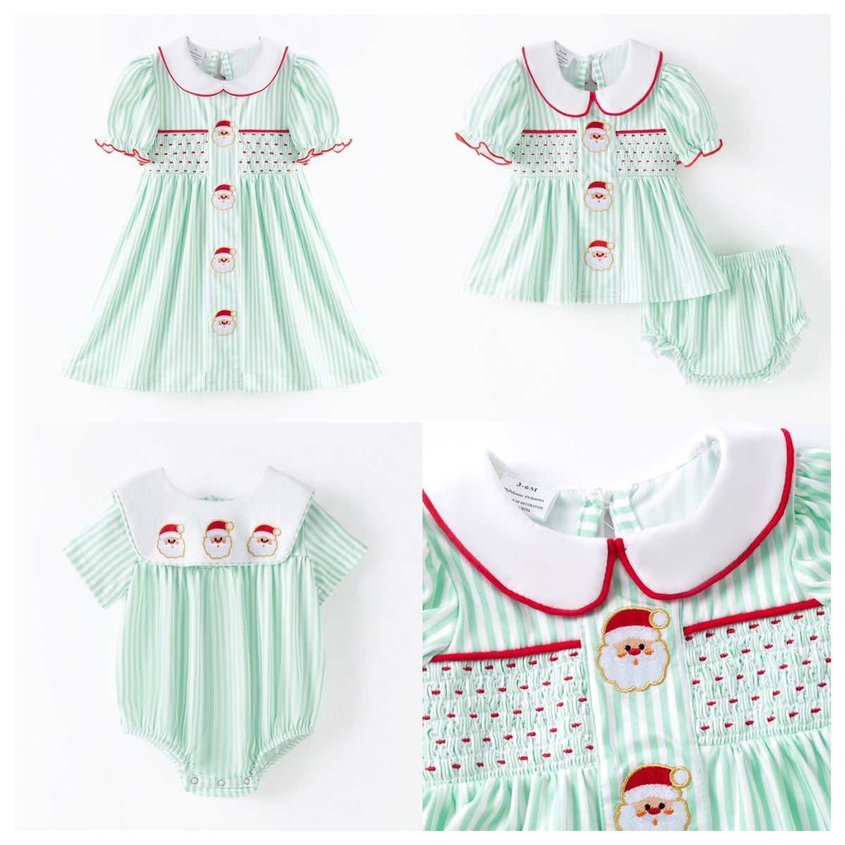 Christmas Kids Smocked Outfit Set – Santa Embroidery Green Sibling Collection