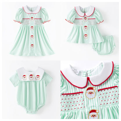 Christmas Kids Smocked Outfit Set – Santa Embroidery Green Sibling Collection
