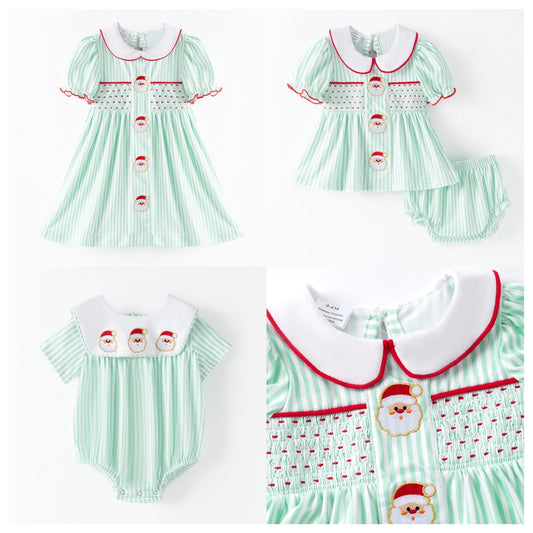 Christmas Kids Smocked Outfit Set – Santa Embroidery Green Sibling Collection