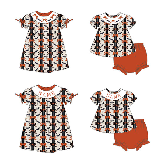 Girls Fall Bow Smocked Embroidery Custom Name Dress & Baby Set